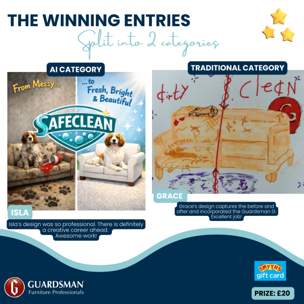 Safeclean logo alternative with a dog on a ditry sofa and a second image of the dog on a clean sofa with sparkles and bubbes. Also an drawn image of a sofa split in two with a clean and a dirty side and the Guardsman G placed next to the clean side. 